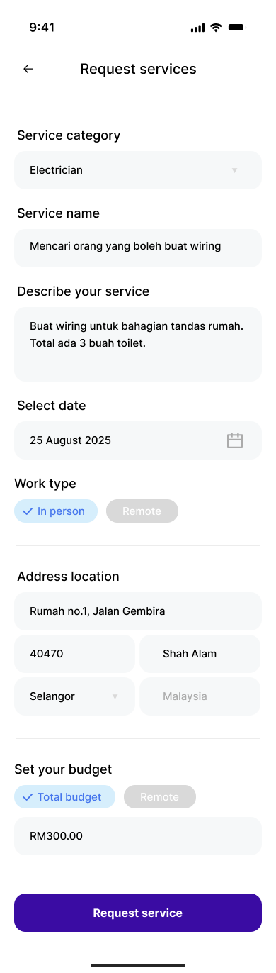 Workify customer service request screen